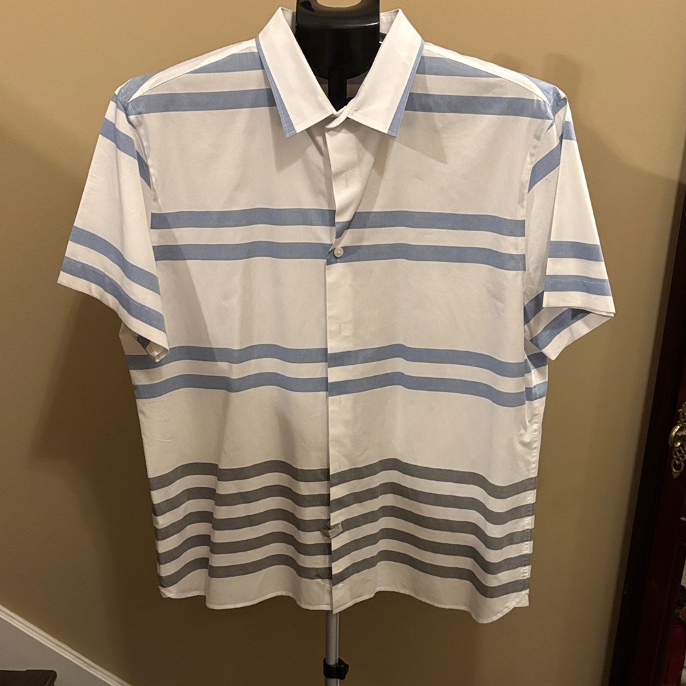 Perry Ellis Blue and Gray Striped Casual Shirt